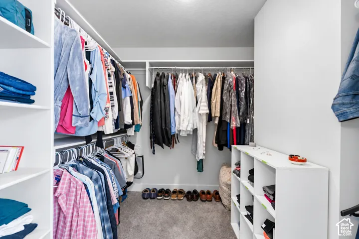 Custom closet system featuring multiple hanging rods, integrated shelving units, and carpet flooring.