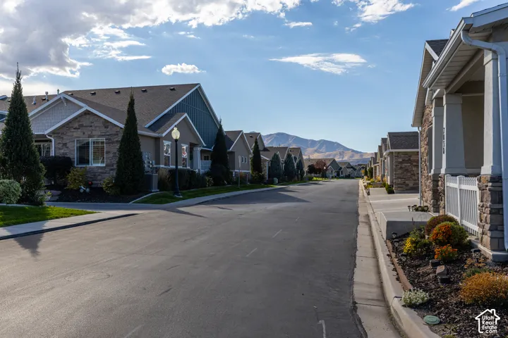 Residential street featuring multiple single-family homes with pitched roofs, stone and siding exteriors, and landscaped front yards