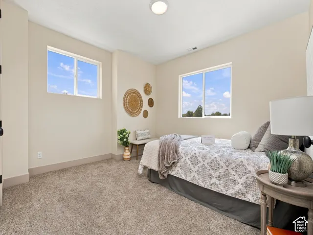 Plush carpet flooring, neutral paint palette, two large windows, recessed ceiling lighting