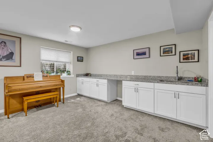 White cabinetry with silver-tone hardware, a stainless steel sink with a gooseneck faucet, light-toned granite countertops, and gray carpeting