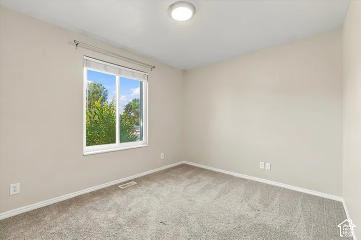Neutral wall paint, gray carpeting, single window with roller shade, and ceiling-mounted light fixture