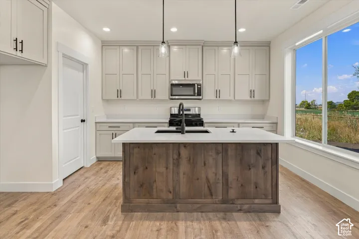 Wood-finish flooring with a kitchen island featuring wood paneling, white countertop, and an integrated sink