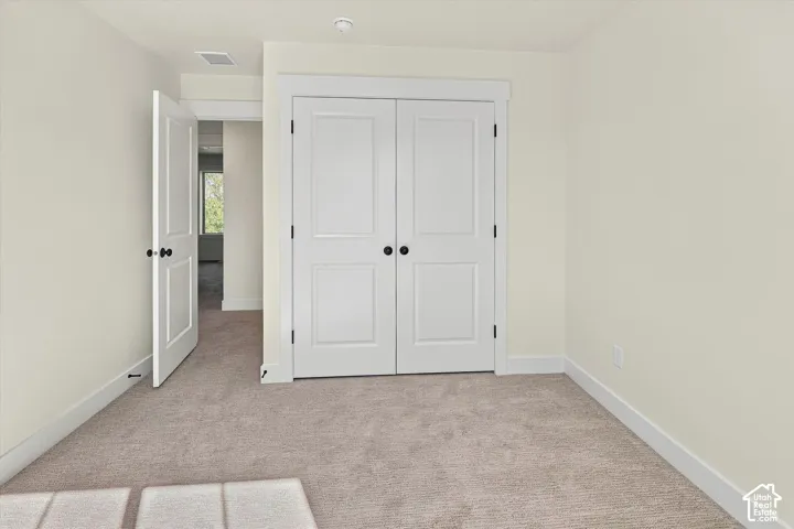 Neutral tone wall finish, plush carpeting, white trim, and two-panel doors with matte black hardware