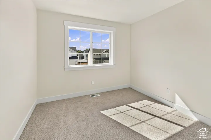Neutral wall paint, plush carpet flooring, and a multi-pane window with white trim