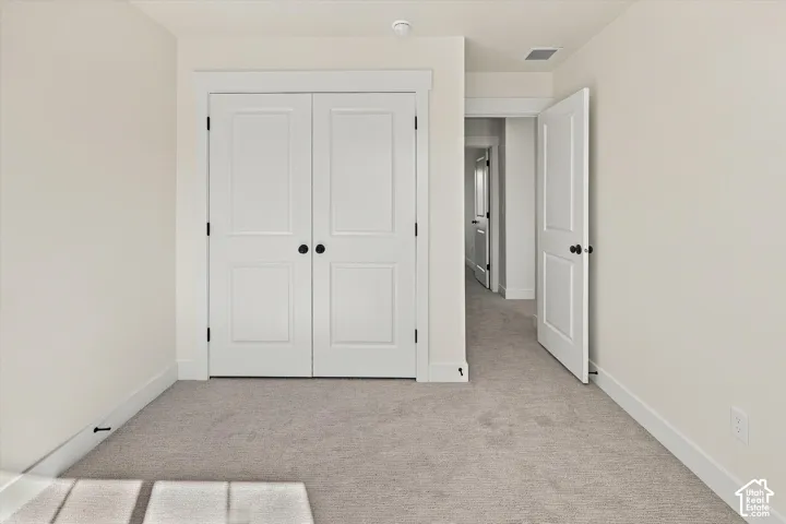 Plush carpeting, neutral wall colors, built-in closet with panel doors, and contrasting dark hardware