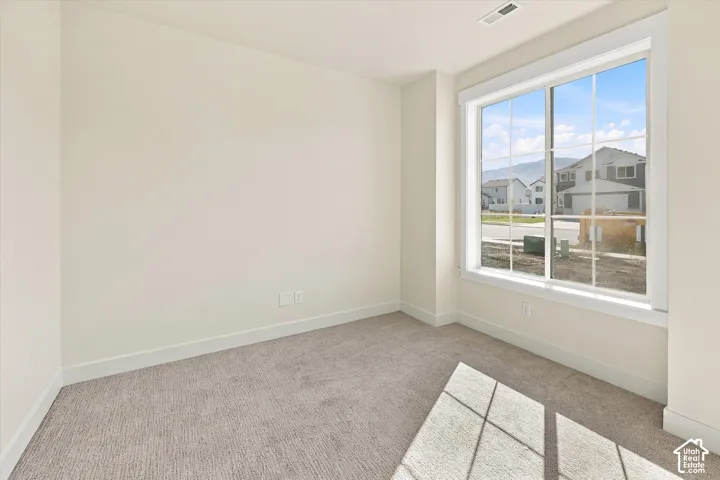 Large window with grid patterns, light-toned walls, and textured carpet flooring