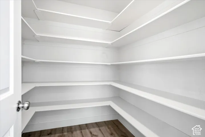 Walk-in pantry featuring expansive shelving and wood-finish flooring