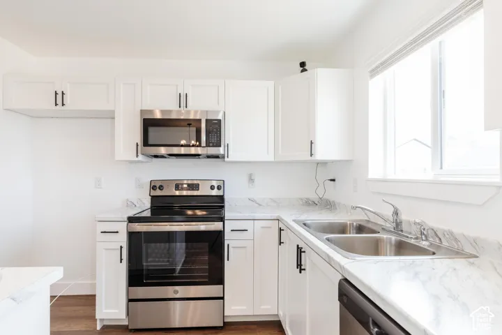 White cabinetry with black hardware, stainless steel appliances, solid surface countertops, dual basin sink, and wood-finish flooring