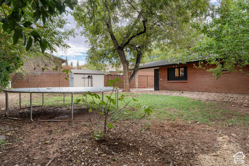 Expansive backyard featuring mature trees, a storage shed, and a brick exterior building