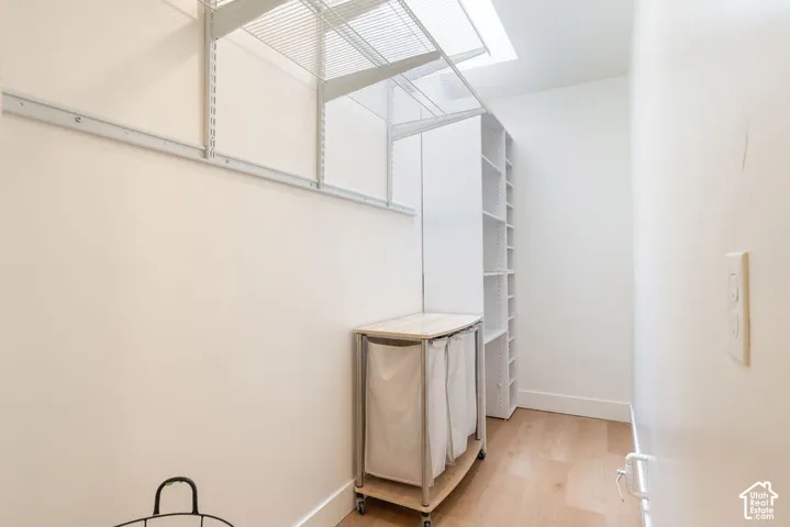Built-in shelving, wire rack storage system, wood-finish flooring, and a skylight