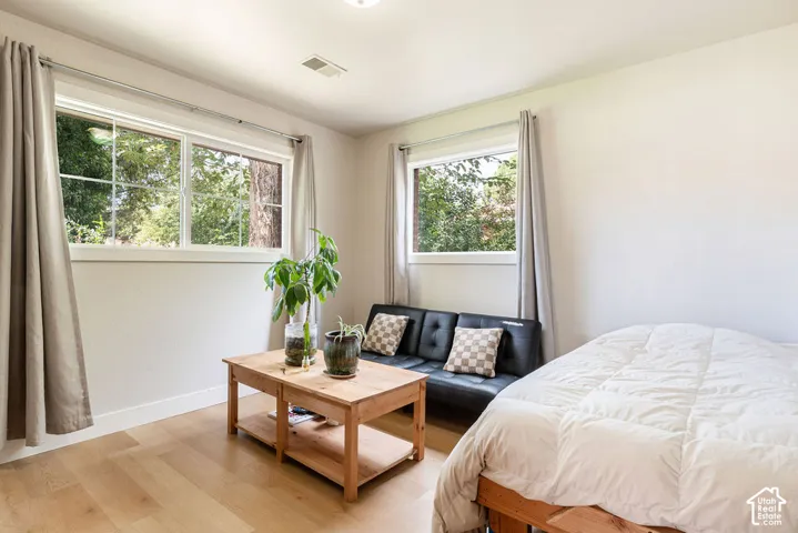 Light wood-finish flooring, white walls, and multiple windows