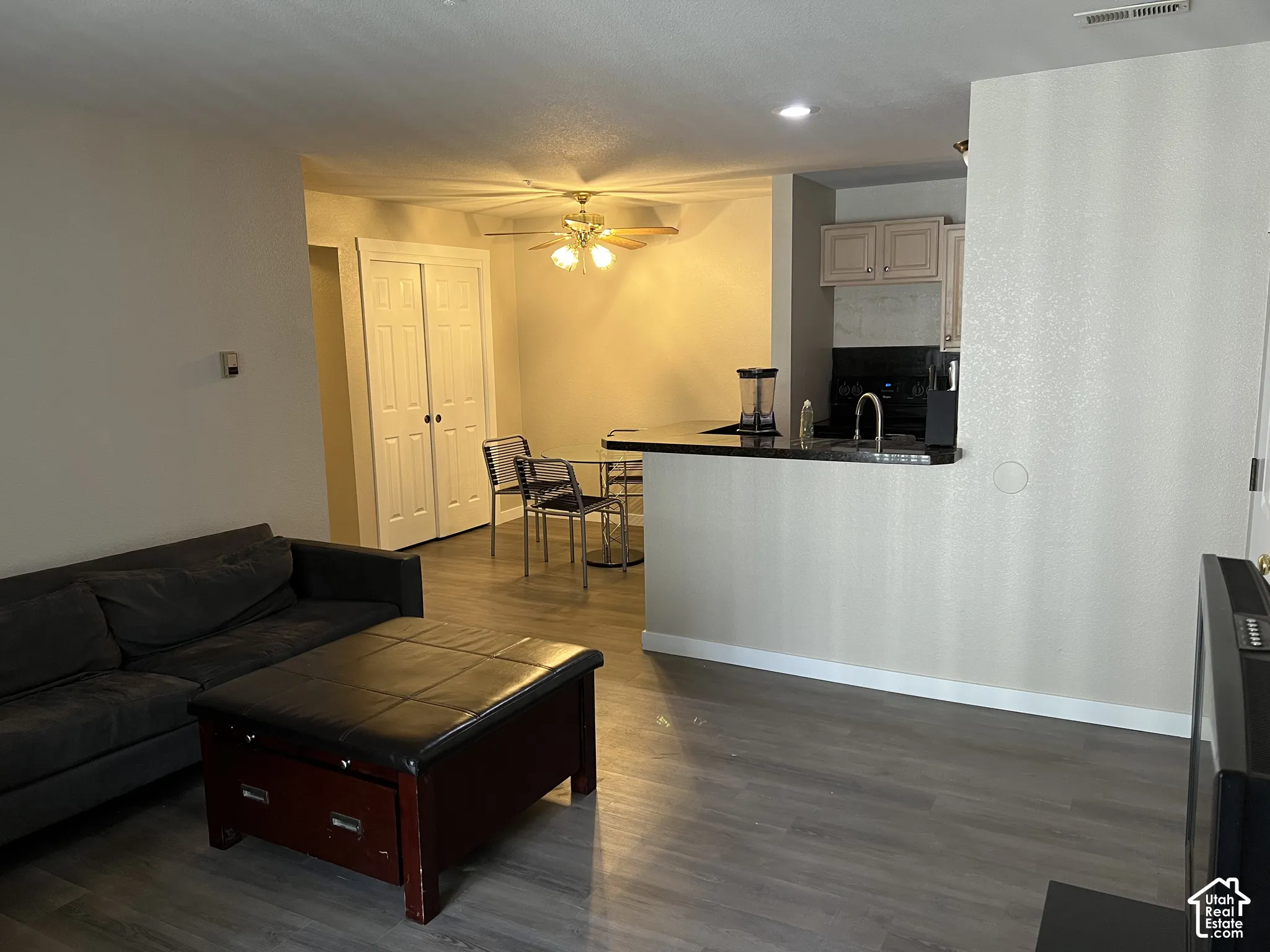 Wood-finish flooring throughout, kitchen with dark countertops, built-in cabinetry, and a stainless steel sink with a high-arc faucet