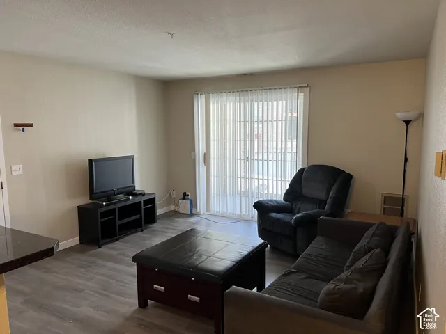 Wood-finish flooring throughout, neutral wall paint, and sliding glass door with vertical blinds