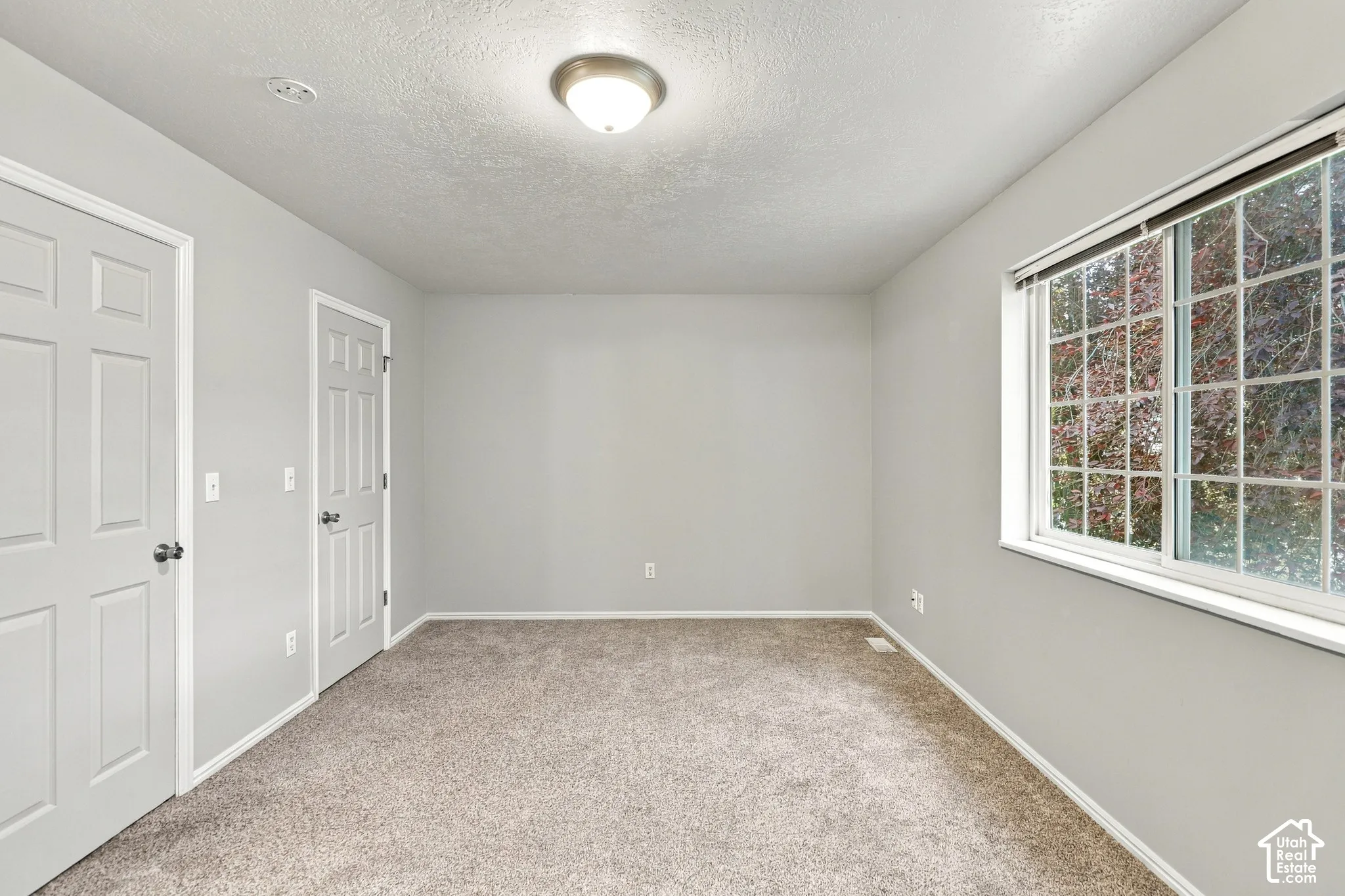 Neutral wall tones, textured ceiling, window with grid panes, flush mount ceiling light, and carpeted flooring