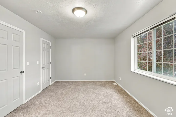 Neutral wall tones, textured ceiling, window with grid panes, flush mount ceiling light, and carpeted flooring