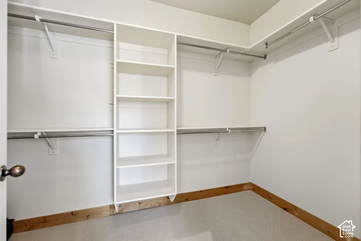 Built-in shelving unit, multiple clothing rods, and carpeting