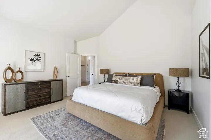 Vaulted ceiling, neutral wall tones, clean carpeting, and a solid core door with black hardware