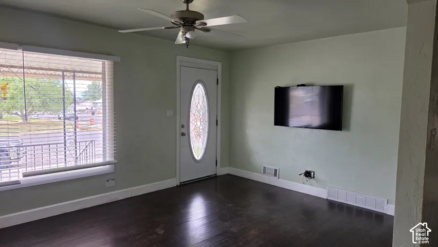 Hardwood-style flooring, ceiling fan with integrated lighting, entry door with decorative glass inlay, and a window with horizontal blinds