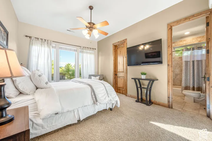 Recessed windows with outdoor views, textured carpet flooring, wood-finish doors, and a ceiling fan with integrated lighting