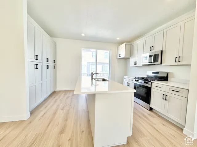 Contemporary kitchen featuring light wood-finish flooring, white cabinetry, stainless steel appliances, and a central island with a sink