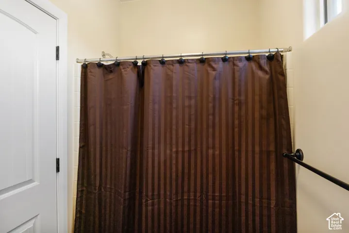 White paneled door with dark hardware, shower rod, and wall-mounted towel bar