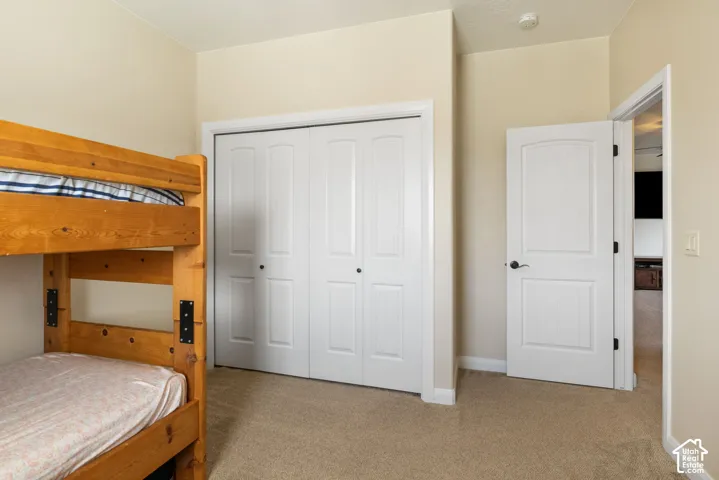 Neutral tone wall paint, carpet flooring, two-panel interior doors, and a bi-fold closet door