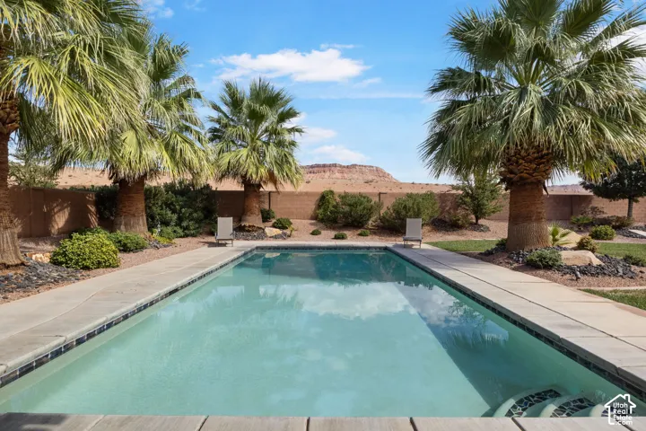 Rectangular swimming pool with integrated steps, surrounded by concrete decking and desert landscaping