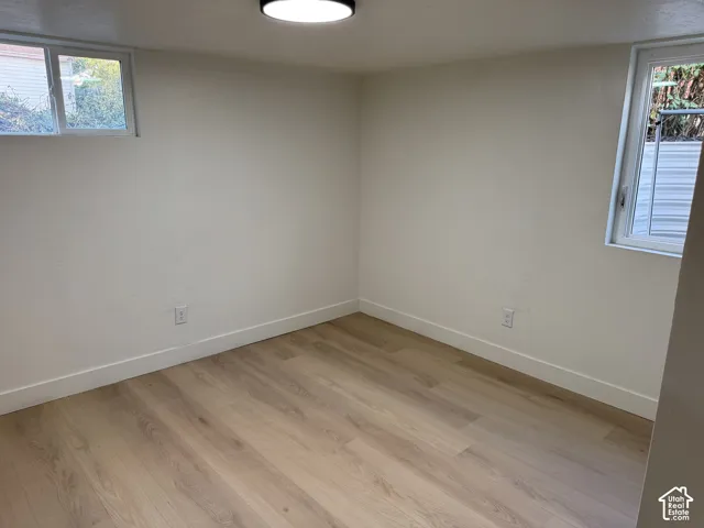 Wood-finish flooring, white walls, two windows, and a flush-mount ceiling light