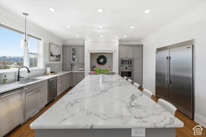 Expansive kitchen island with a stone finish countertop, gray cabinetry, stainless steel appliances, and wood-finish flooring
