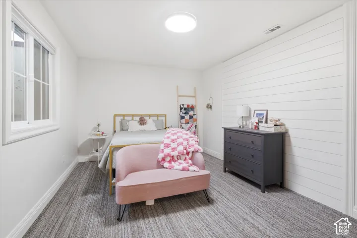 Window with white trim, textured carpet flooring, white walls, and a white shiplap accent wall