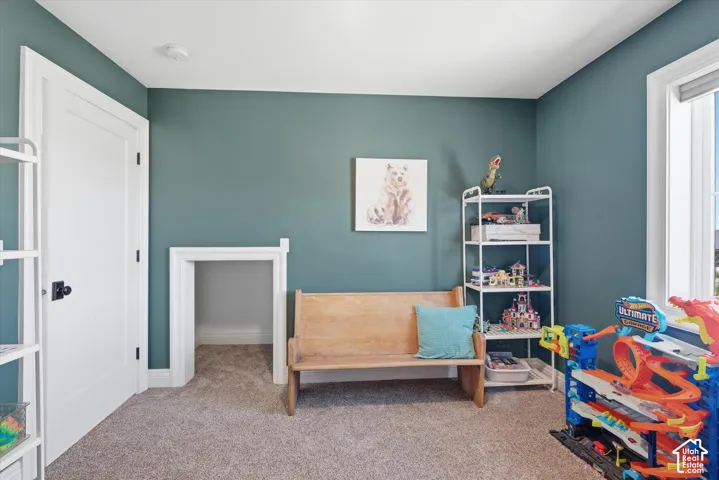 Carpeted room featuring a window with natural light, a white interior door with black hardware, and a built-in alcove