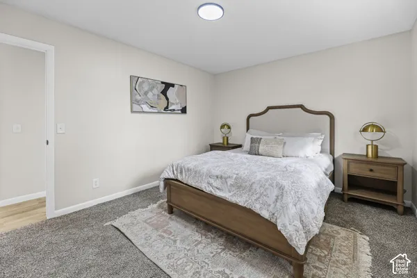 Neutral wall paint, plush carpeting, ceiling-mounted light fixture, white trim, and a door opening to wood-finish flooring