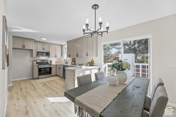 Modern kitchen featuring light-toned cabinetry, stainless steel appliances, and wood-finish flooring