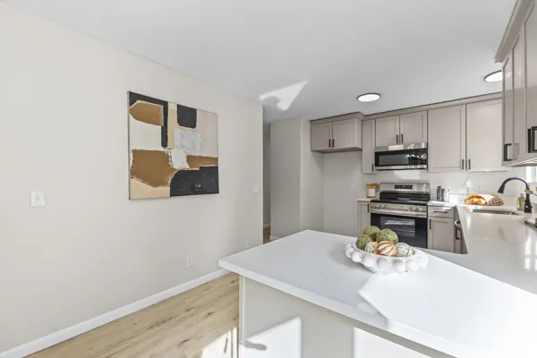 Kitchen featuring light wood-finish flooring, white countertops, stainless steel appliances, and recessed lighting