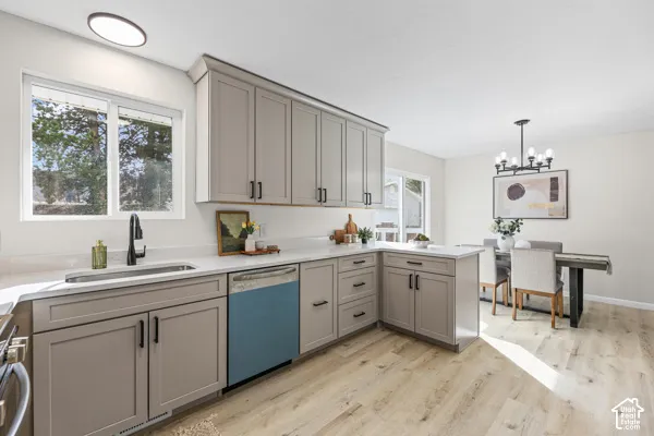 Kitchen featuring light-toned cabinetry, a stainless steel sink with a matte black faucet, and light countertops