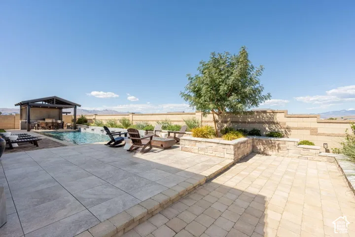Expansive outdoor living area featuring a swimming pool, a covered outdoor kitchen, and a paver patio