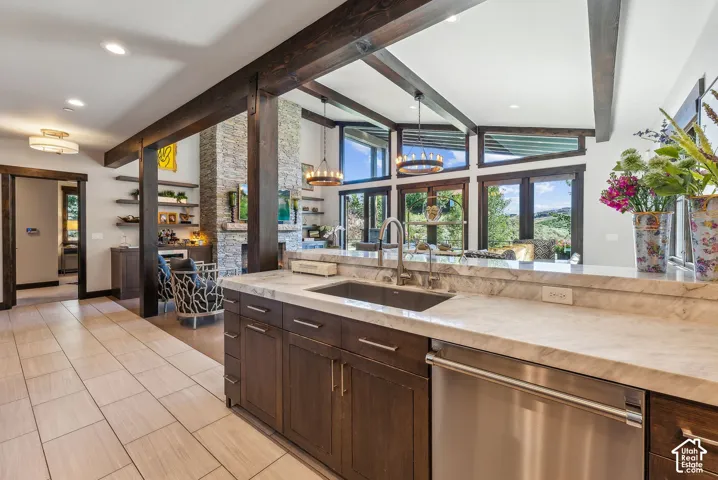Kitchen featuring a large sink, stone countertops, integrated stainless steel dishwasher, and dark wood-finish cabinetry