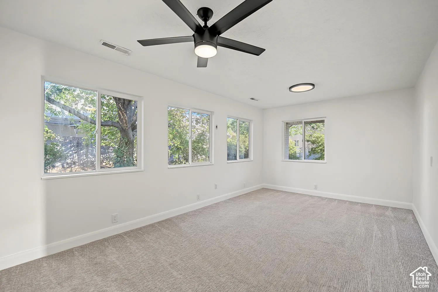 Neutral-toned carpeting, white walls, and multiple windows