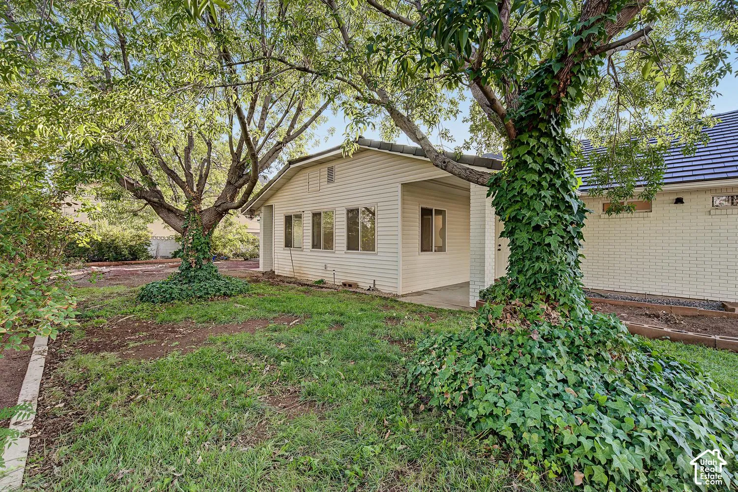 Mature trees with extensive foliage, partial siding exterior, white painted brick, multi-pane windows, and a tiled roof