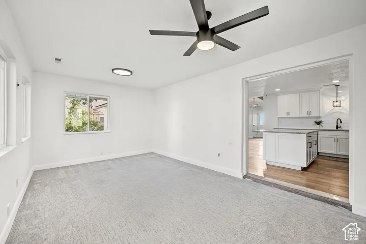 Spacious room featuring light gray carpeting, multiple windows, a modern ceiling fan, and a flush-mount overhead light