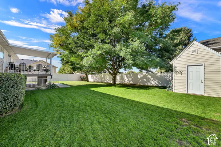 Expansive green lawn with mature tree, covered elevated deck, and detached storage shed