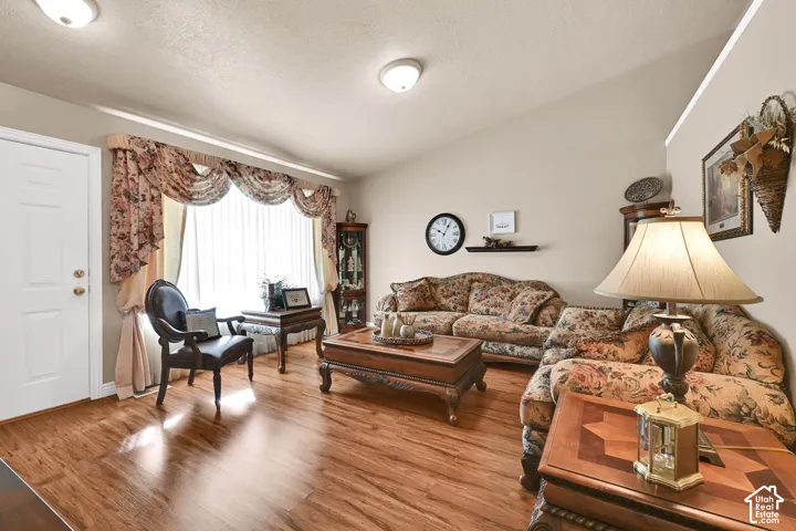 Wood-finish flooring, vaulted ceiling, bay window, and a paneled entry door