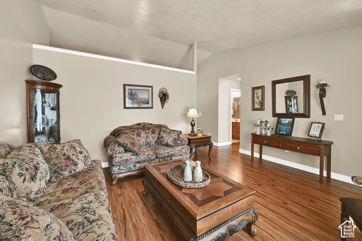 Vaulted ceiling, wood-finish flooring, recessed wall niche, and built-in display cabinet