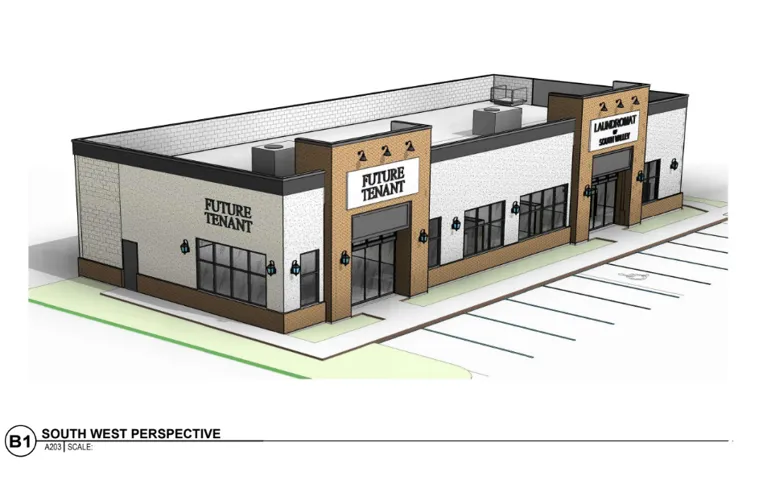 Architectural Rendering. South West perspective of the proposed commercial building with parking facilities