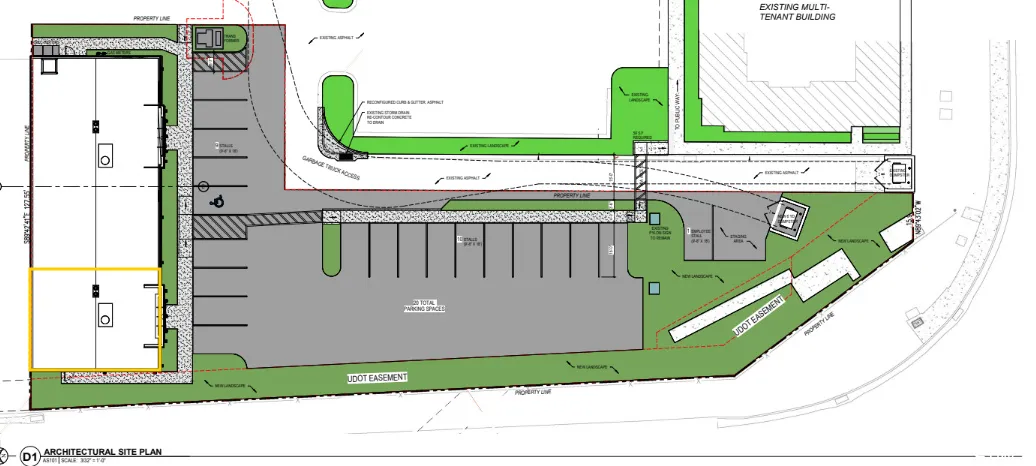Architectural Site Plan. Detailing the property layout, parking, and access points