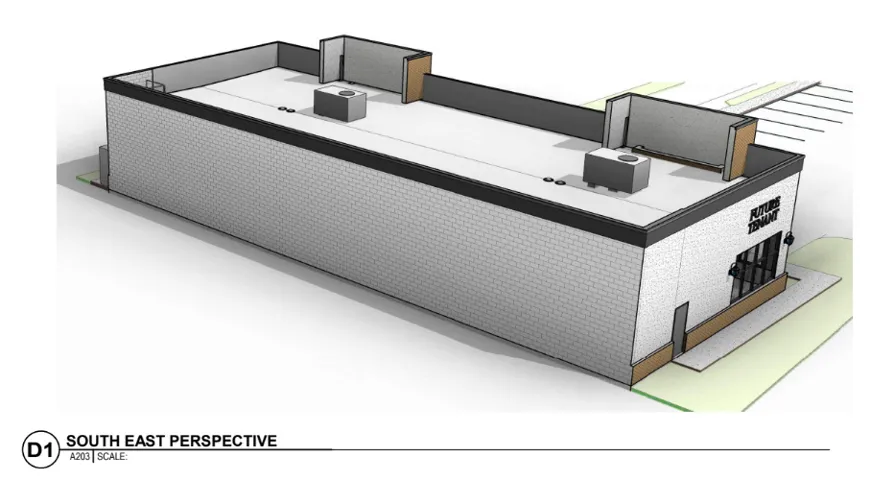 Architectural Rendering. Northwest perspective of the proposed commercial building with side enterance