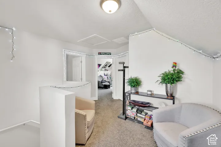 Carpeted flooring, vaulted ceiling, and built-in shelving