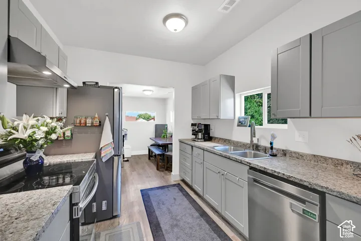 Kitchen featuring light gray cabinetry, stainless steel appliances, speckled countertops, wood-finish flooring, and a double basin sink