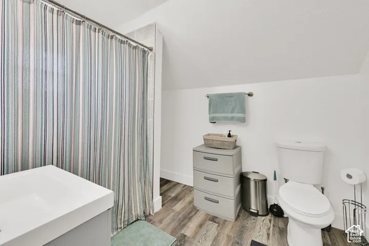 Bathroom featuring a white toilet, white vanity with integrated sink, and wood-finish flooring