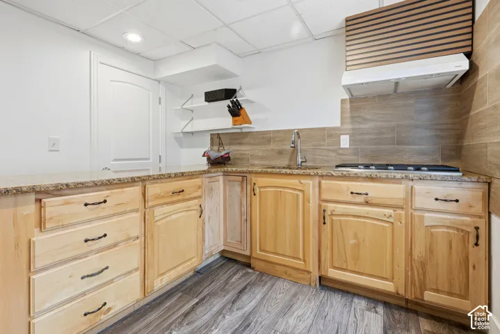 Wood-finish flooring with light-toned cabinetry, a built-in cooktop, and a tile backsplash